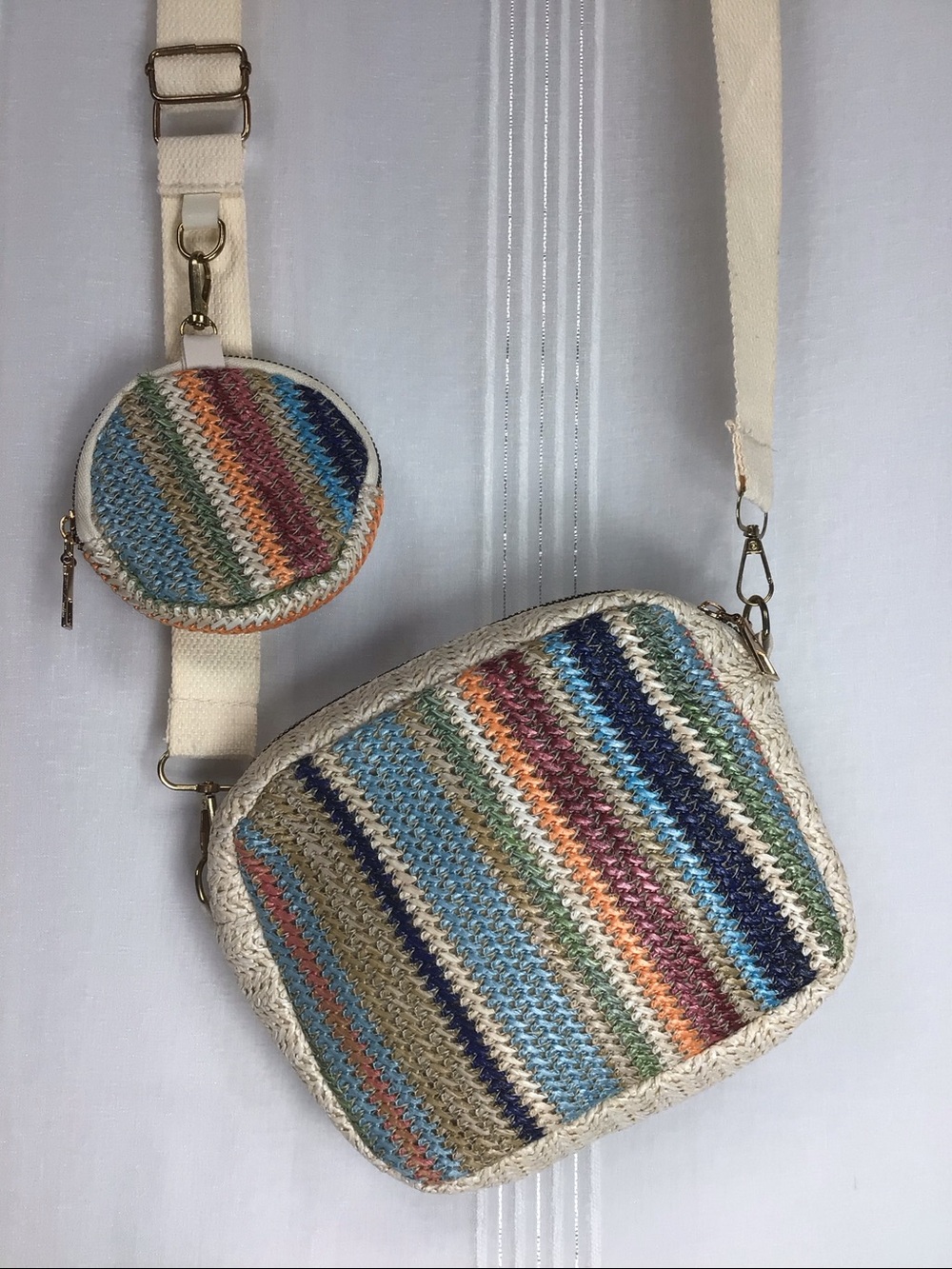 Multicolor Woven Crossbody Bag with Cream Strap and Coin Pouch